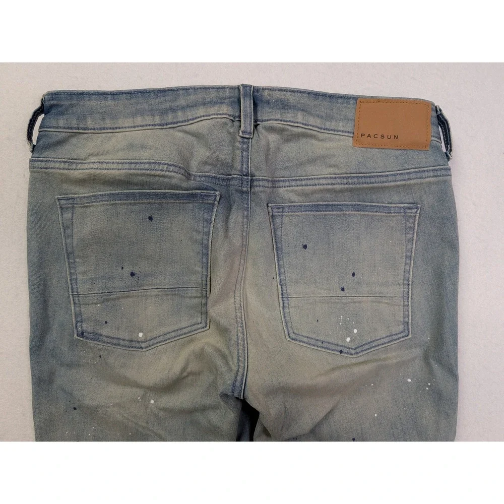PacSun Mens Skinny Jeans 32 x 30 Paint Splatter Distressed Light Wash Blue